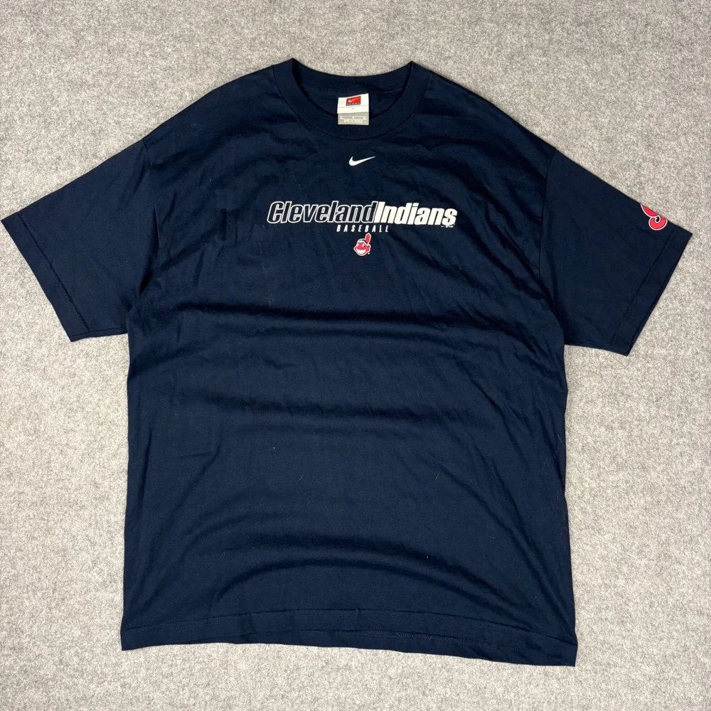 Nike Cleveland Indians Baseball T-Shirt Mens Large Navy Blue Chief Wahoo MLB Tee